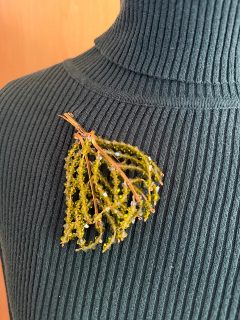 Vintage Suncatcher Brooch with Strands of Faceted Olivine-Colored Glass Beads